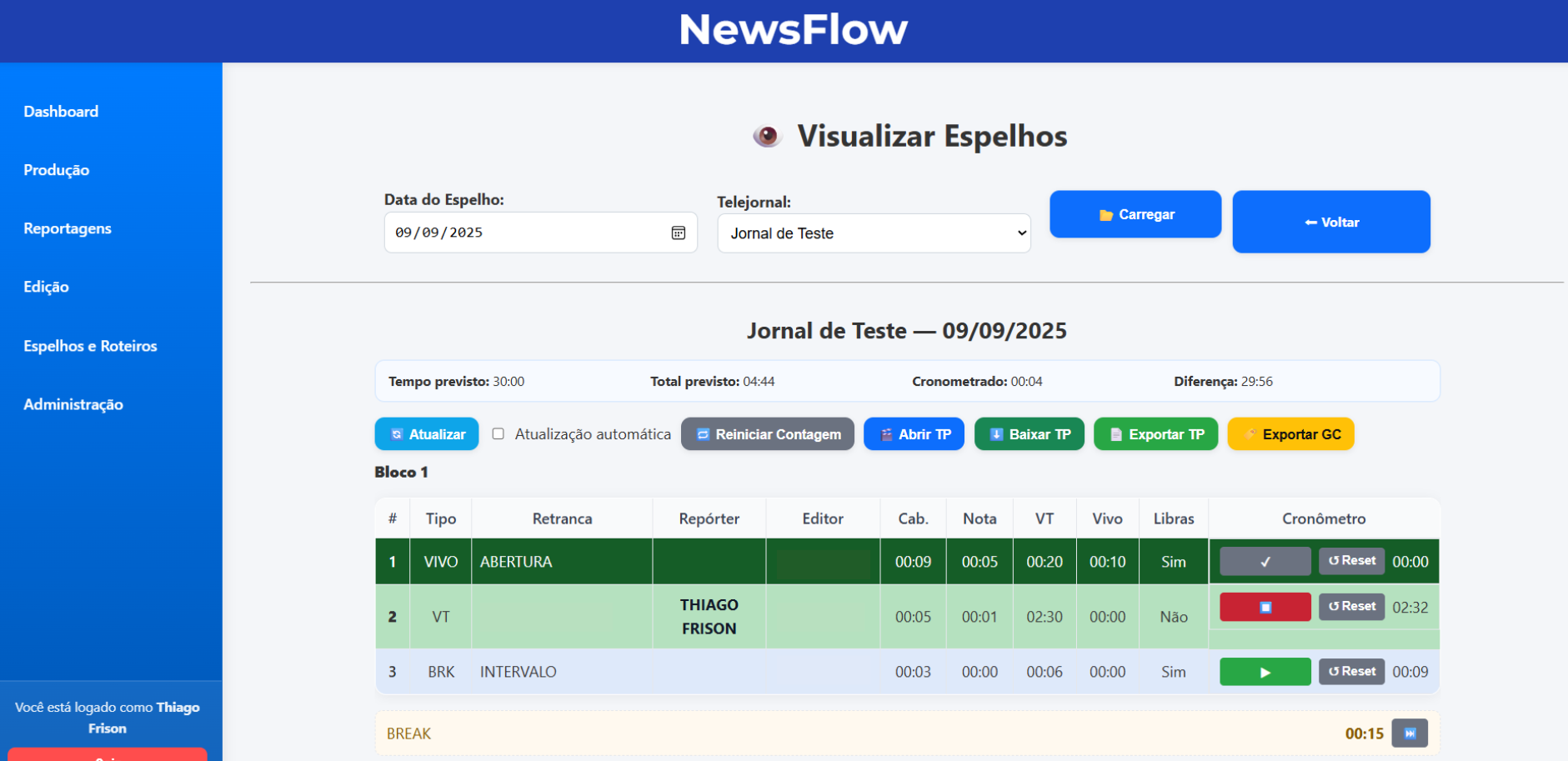 Espelho do telejornal no NewsFlow